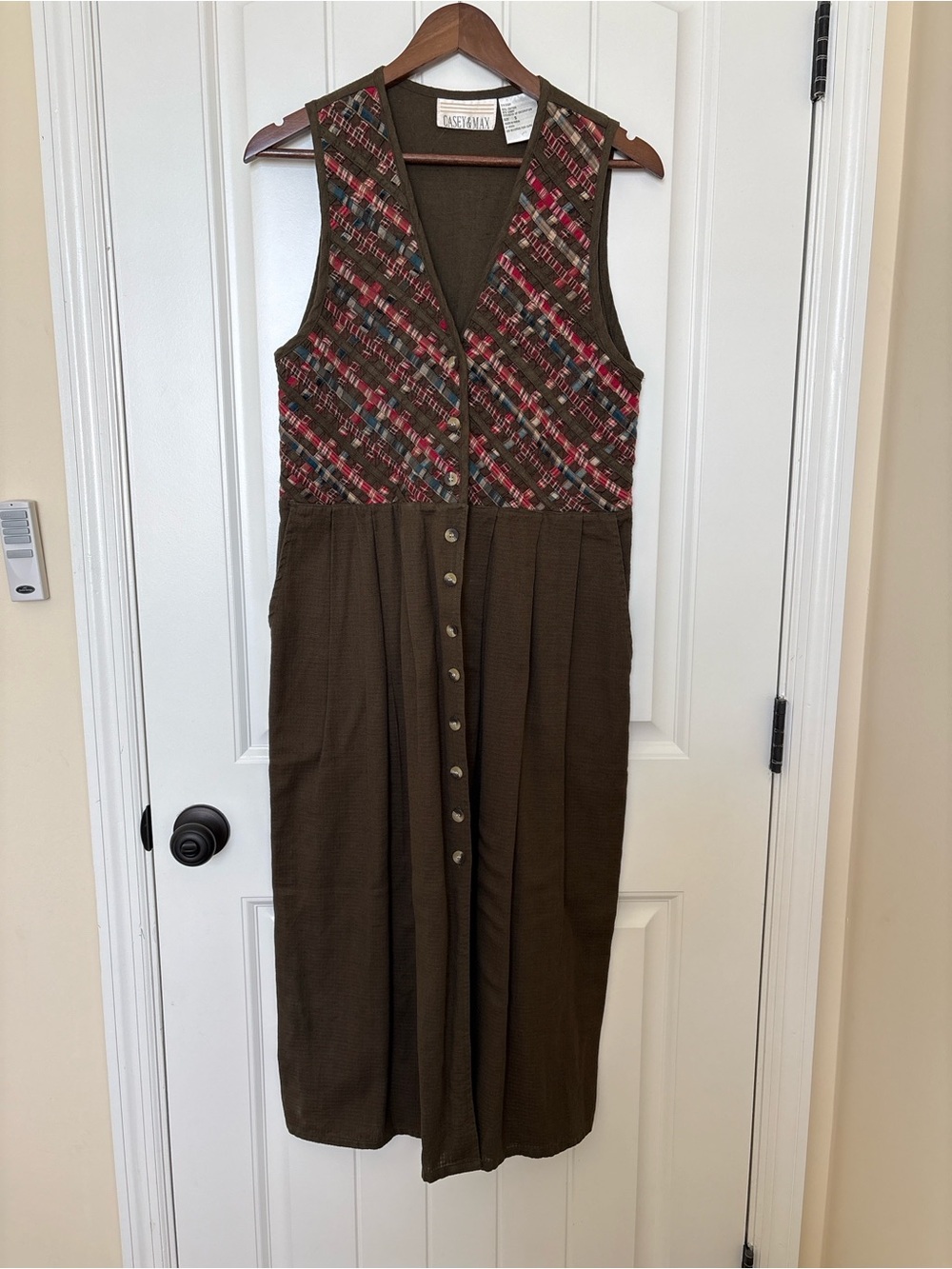 Olive Button-Front Midi Dress with Multicolor Knit Bodice